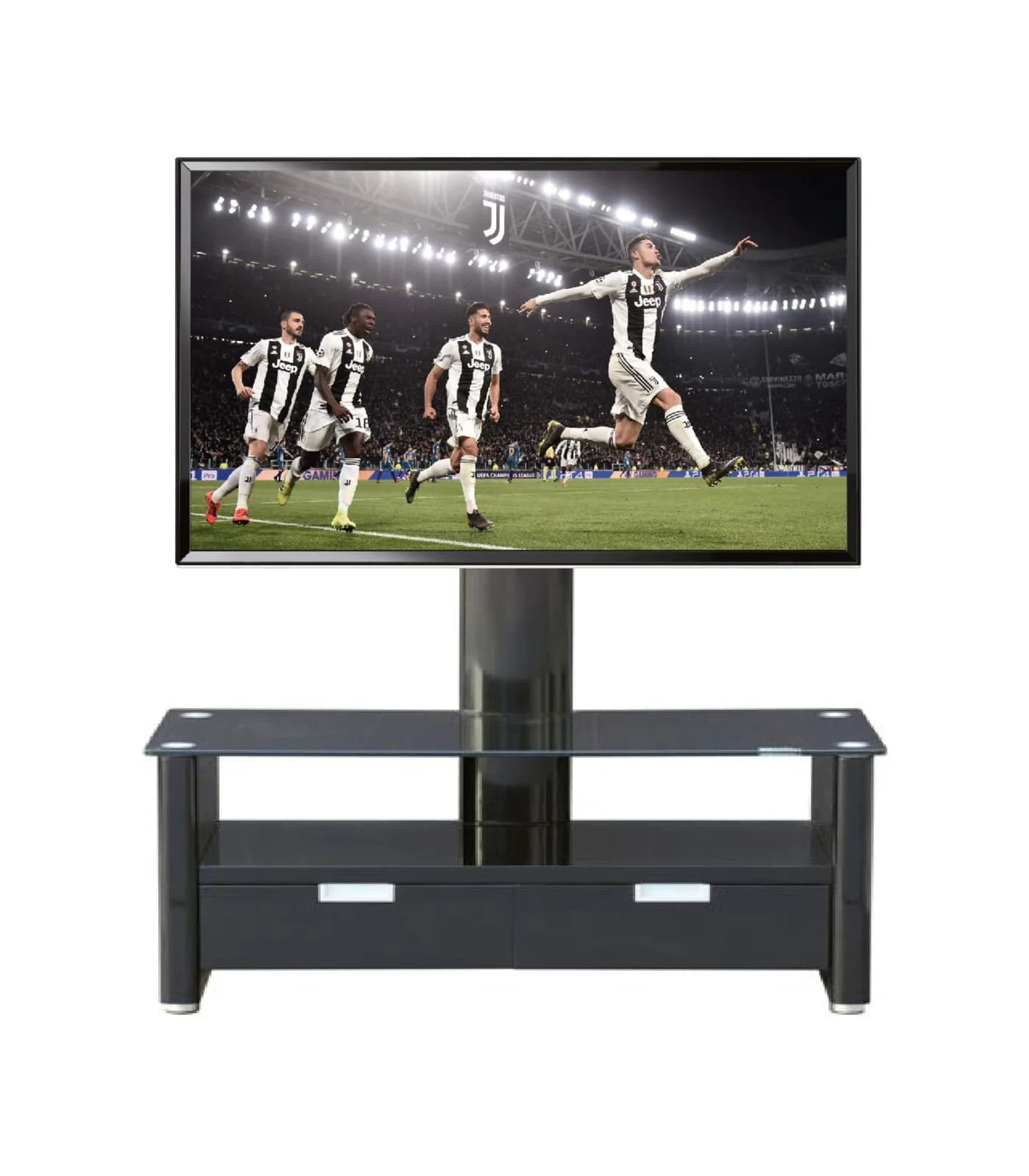 Meuble TV Design Noir Piano 105cm 2 Étagères + 2 Tiroirs avec Support LCD Pivotant jusqu'à 42'' – Réf. GMTN033-P