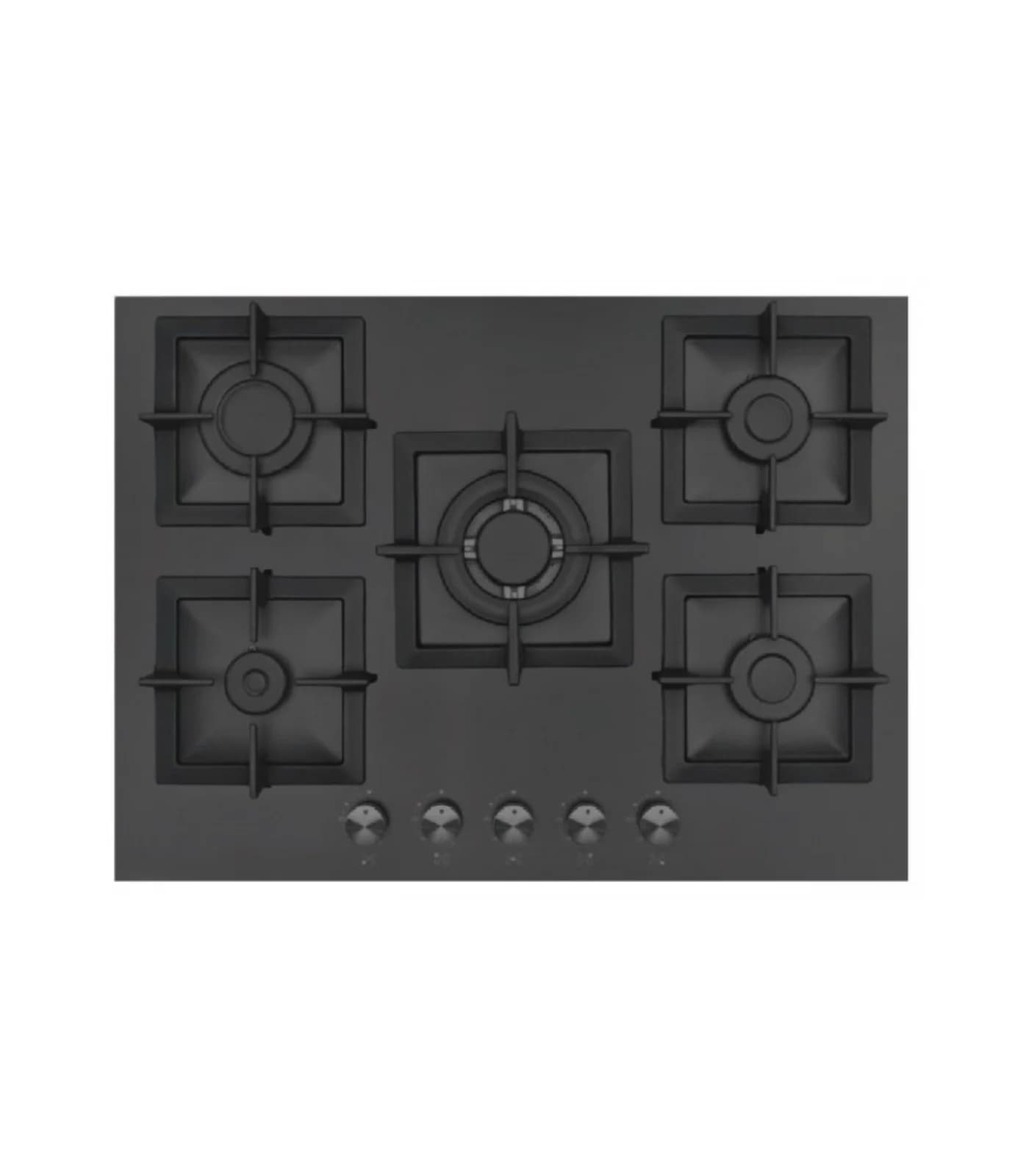 Plaque de Cuisson Gaz 70 cm 5 Feux Verre Trempé Noir avec Sécurité FFD – PGE-70-GL-BL