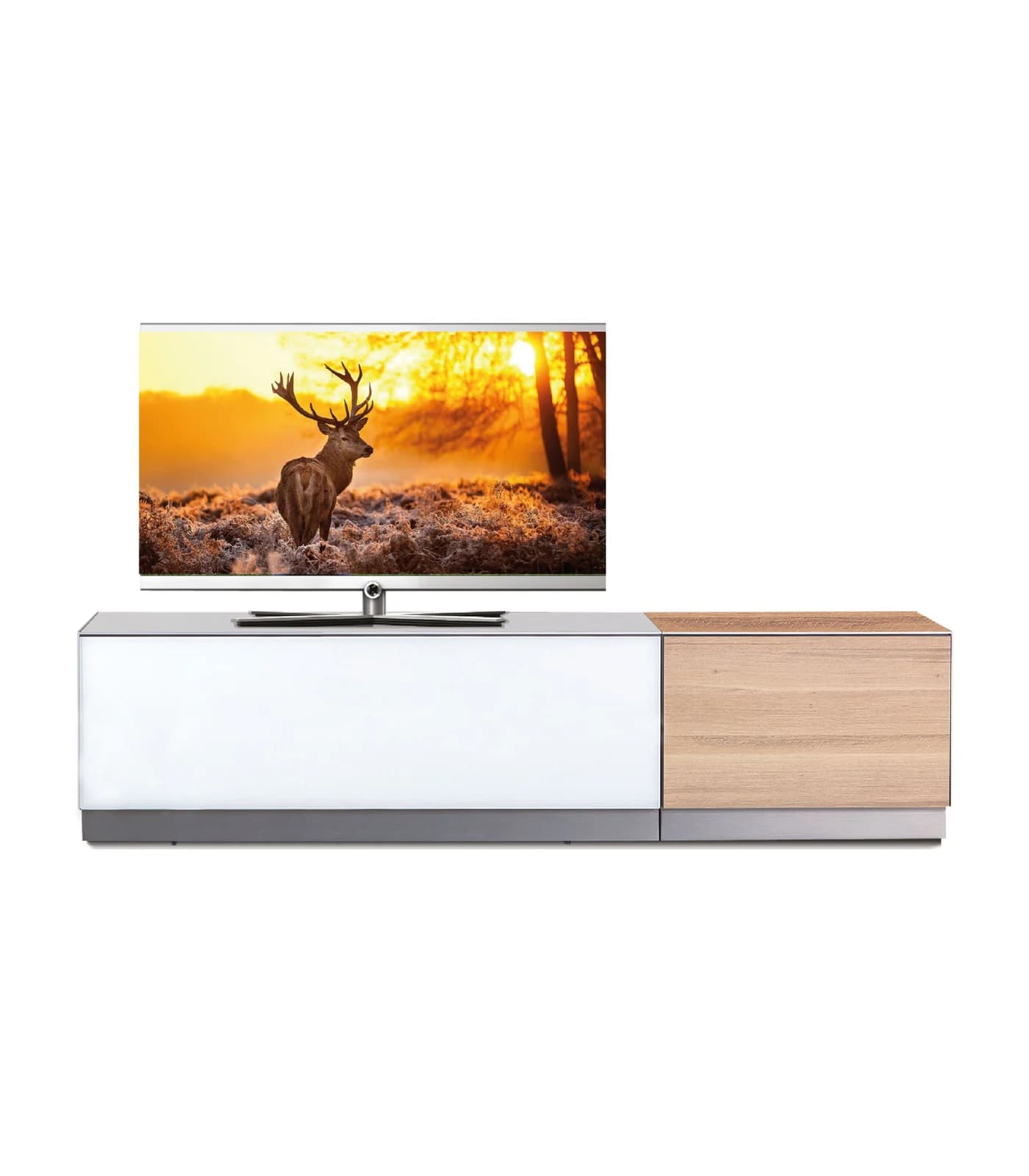 Meuble TV Composé 195cm Blanc & Noisette 3 Étagères + 4 Casiers pour Écran jusqu'à 85'' – Réf. EX-10-W-EX20-DD