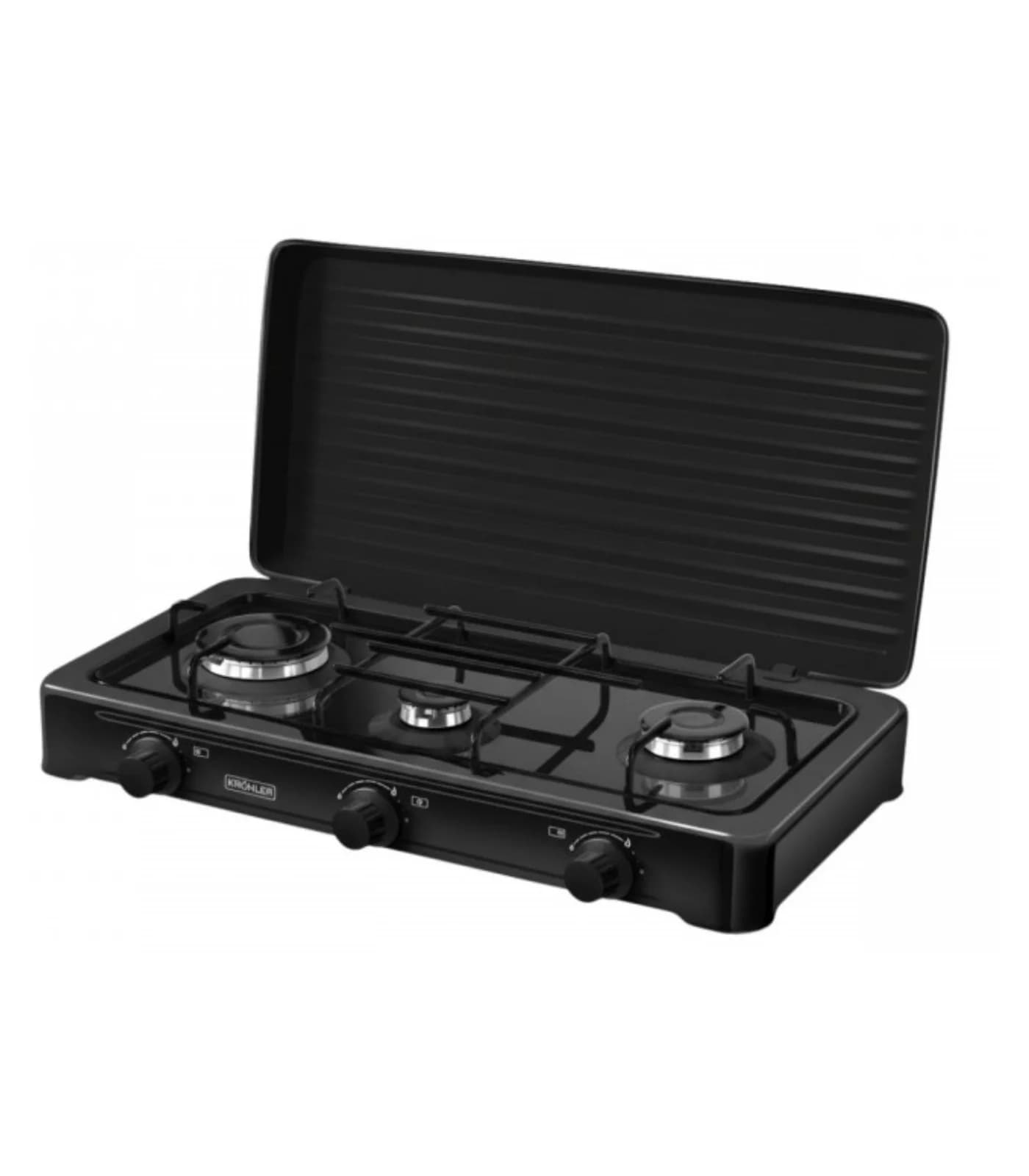 Plaque de Gaz 3 Feux Noir Laqué avec Couvercle Amovible 60 cm – KOC-300